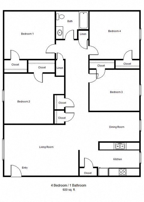 Floor plan for 4 beds, 1 bath, 914 sqft